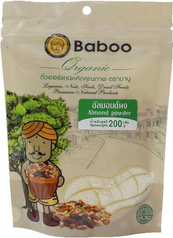 Baboo Raw Almond Powder in a clear container, showcasing the light beige, finely ground almond powder for cooking and baking.
