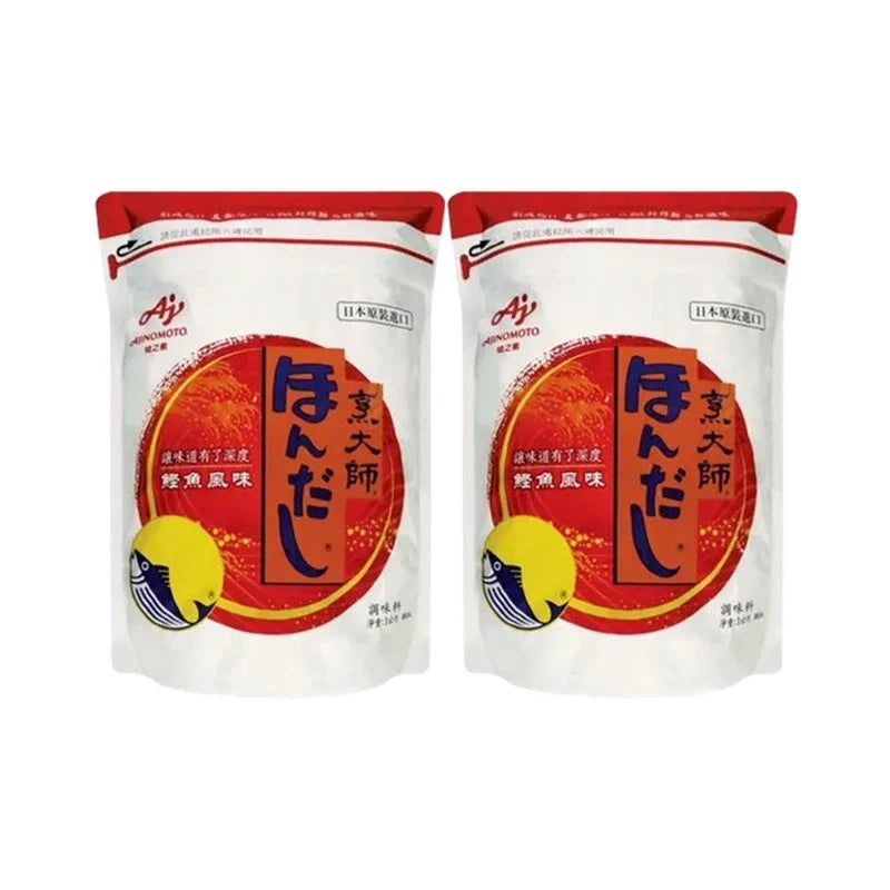 Ajinomoto Hondashi Katsuo Dashi dried bonito stock granule packs for Japanese cooking and flavorful broth preparation.