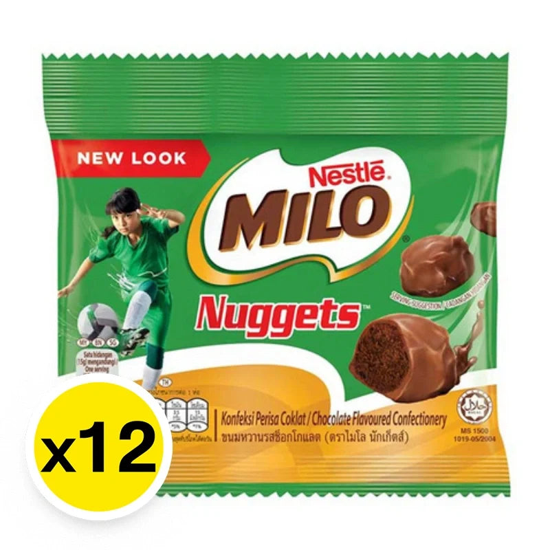 MILO Nuggets Hanging 15g snack pack, dry grocery confectionery with chocolate Milo nuggets in a clear hanging bag.