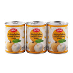 Cans of ARO Longan in syrup, 565g each, stacked in a row for dry grocery shopping, showing the product labels and packaging.