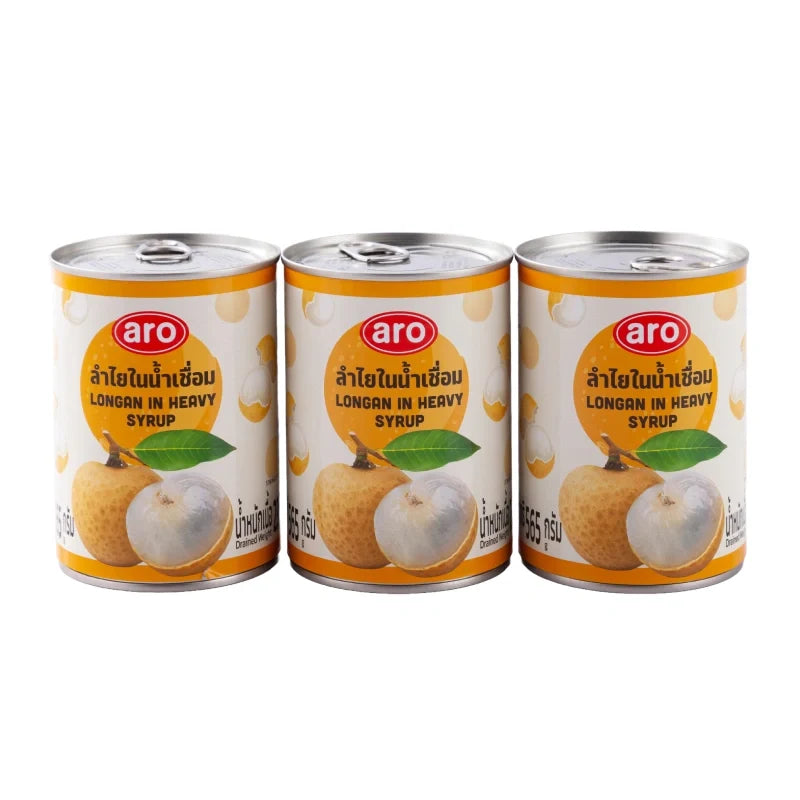 Cans of ARO Longan in syrup, 565g each, stacked in a row for dry grocery shopping, showing the product labels and packaging.