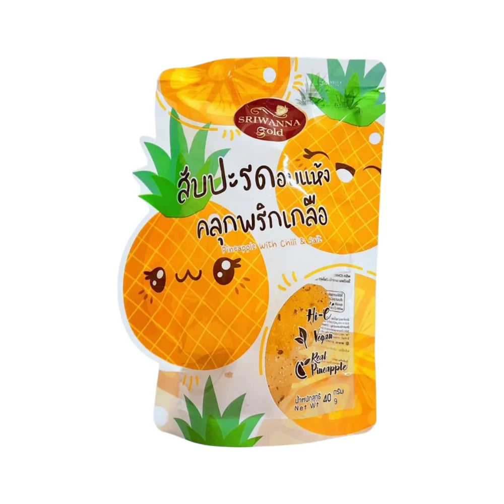Sriwanna Pineapple with Chili and Salt, 40g dry grocery snack featuring dried pineapple pieces coated with chili and salt.