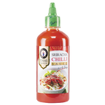 Bottle of Thai Dancer Sriracha chili sauce with red cap and label, ideal for adding spicy flavor to dishes.
