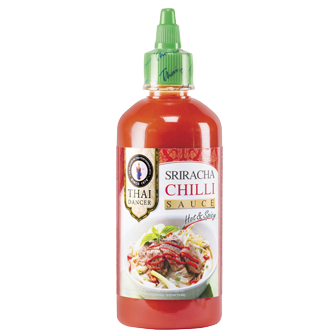 Bottle of Thai Dancer Sriracha chili sauce with red cap and label, ideal for adding spicy flavor to dishes.