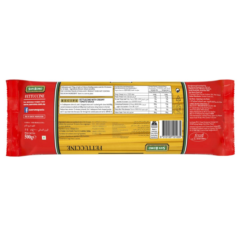 San Remo Fettuccine pasta in a clear package, showing the yellow ribbon-shaped noodles ideal for Italian dishes.