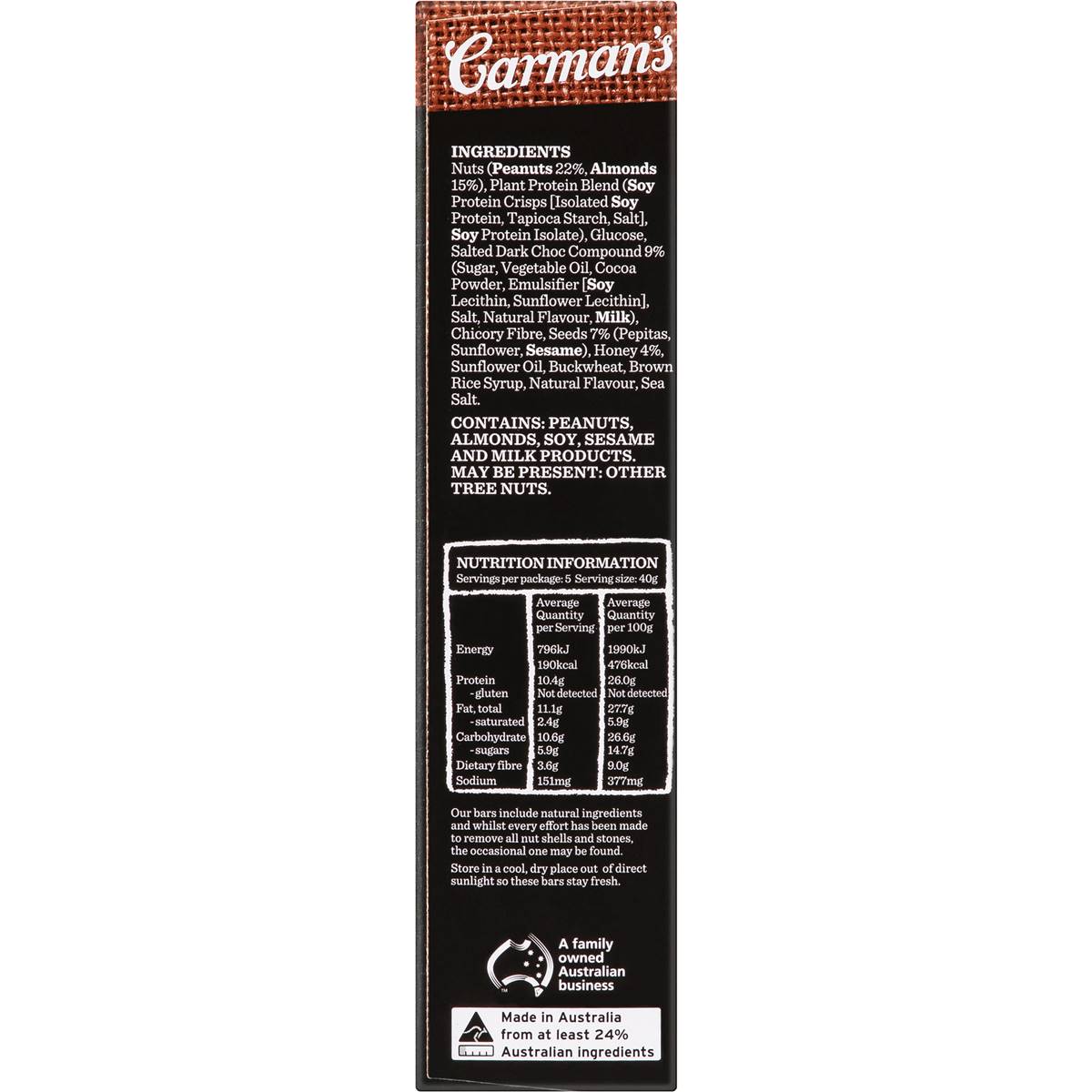 Carman's Salted Dark Chocolate & Almond Protein Bar showing dark chocolate, almonds, and salted topping on a white background