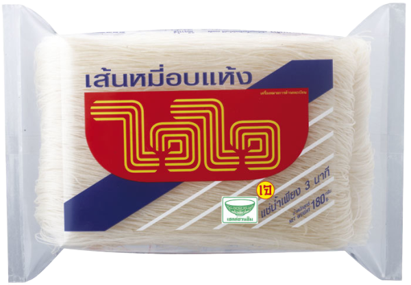 Wai Wai Rice Vermicelli pack showing thin, white rice noodles in a clear plastic bag with Wai Wai branding.