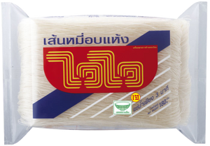 Wai Wai Rice Vermicelli pack showing thin, white rice noodles in a clear plastic bag with Wai Wai branding.