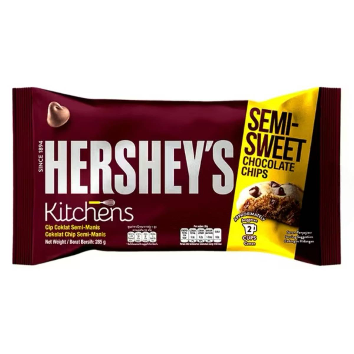 Hershey's semi-sweet chocolate chips in a grocery package, perfect for baking and cooking desserts.