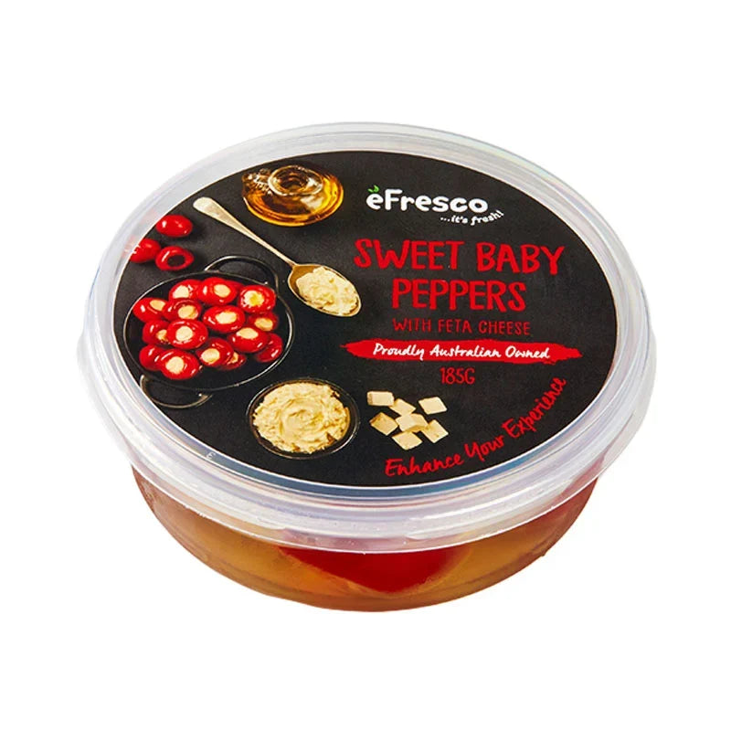 Makro Sweet Peppers with Feta Cheese in 185g package, showing vibrant peppers and crumbled feta on a white plate.