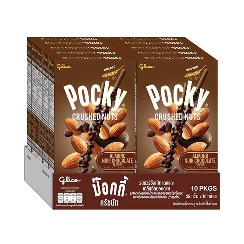 Glico Pocky Crushed Nuts Noir Chocolate biscuit snack, 25g pack, showing chocolate-coated biscuits with crushed nut topping