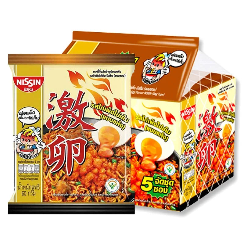 NISSIN Korea Hot Chili Chicken Salted Egg instant noodles in 60g packs, displayed in a clear image with chili seasoning.