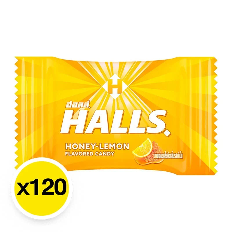 HALLS Honey Lemon Candy in clear wrapper, displaying the dry grocery snack with honey lemon flavor from HALLS brand.