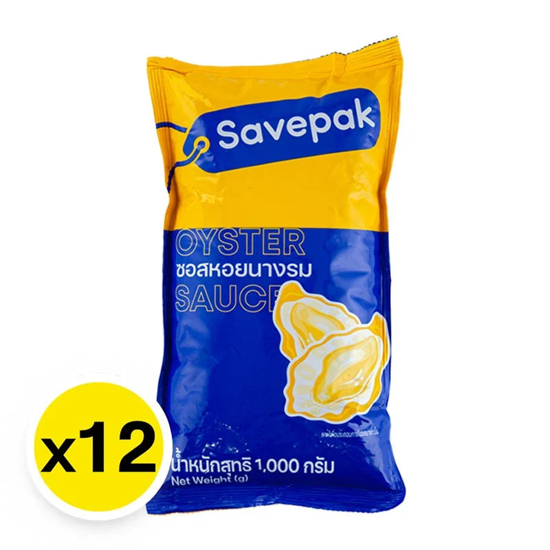 Savepak Oyster Sauce 1kg bottle, a popular dry grocery item, with a dark brown sauce inside a plastic bottle.