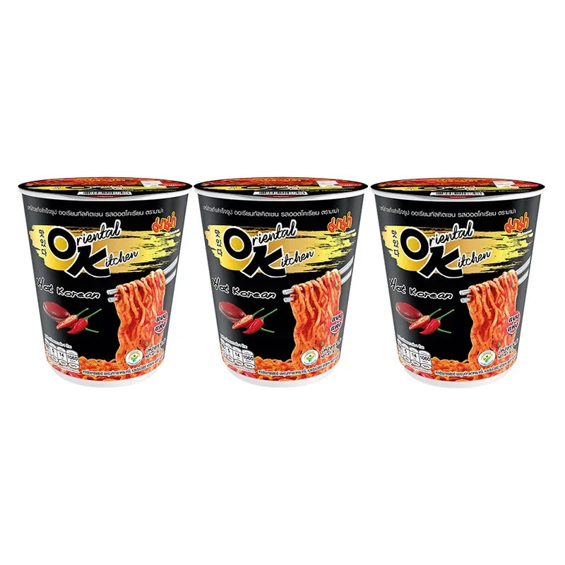 MAMA Oriental Kitchen Instant Cup Noodles Hot Korean flavor, 80g x 3 packs, dry grocery product with noodles and seasoning.