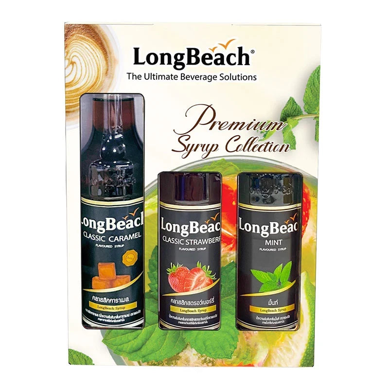 Three bottles of LONG BEACH Long Beach Premium Syrup Collection in 320ml size, featuring colorful labels on a white background.