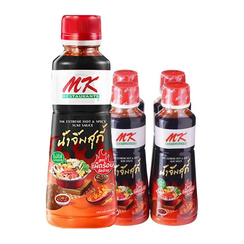 MK Suki Sauce Extreme Hot & Spicy dry grocery, 350g x4 pack, vibrant red sauce in a jar with spicy chili peppers