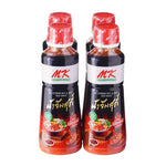 MK Suki Sauce Extreme Hot & Spicy 350g, dry grocery product with four bottles, featuring fiery red sauce in clear bottles.