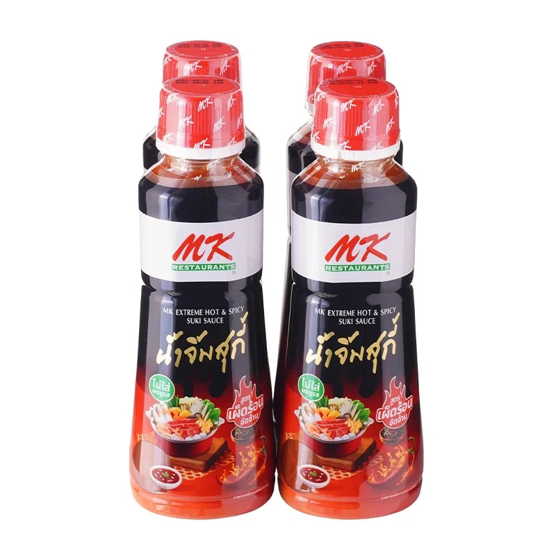 MK Suki Sauce Extreme Hot & Spicy 350g, dry grocery product with four bottles, featuring fiery red sauce in clear bottles.