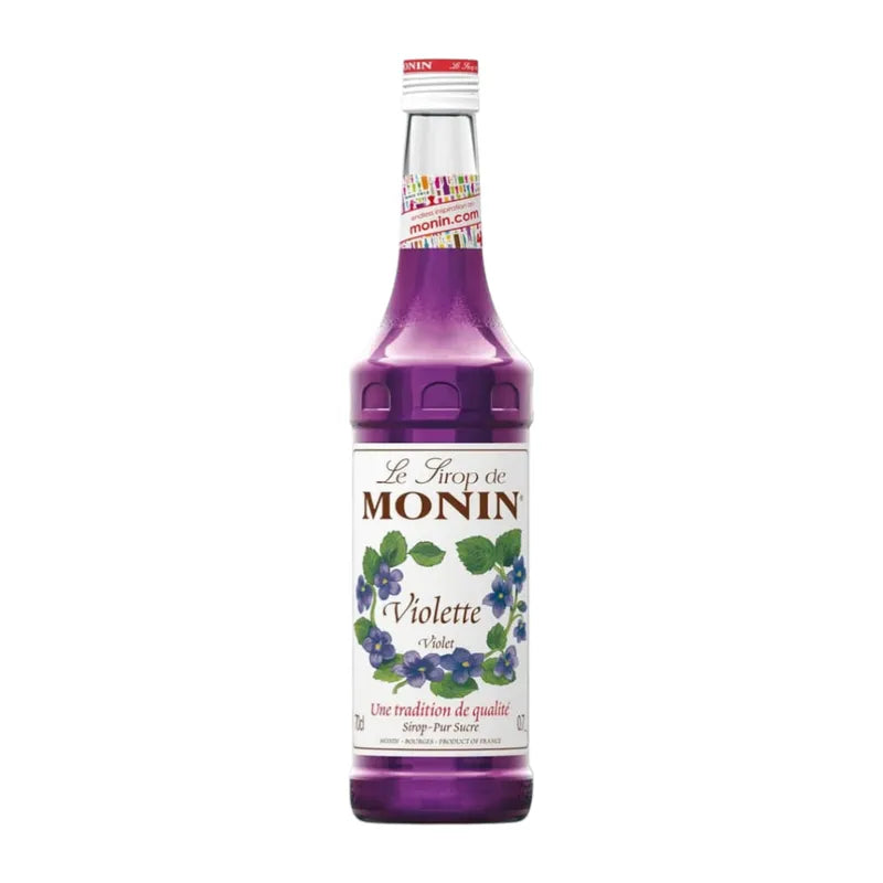 Monin Violet Syrup 700ml bottle for drinks and desserts, featuring a purple liquid and Monin branding on the label.