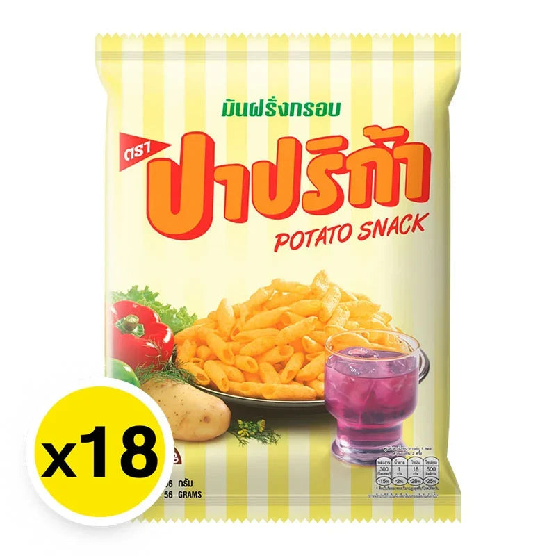 Crispy paprika-flavored potato snack in a 56g pack, stacked in a box, by PAPRIKA, perfect for dry grocery snack lovers.