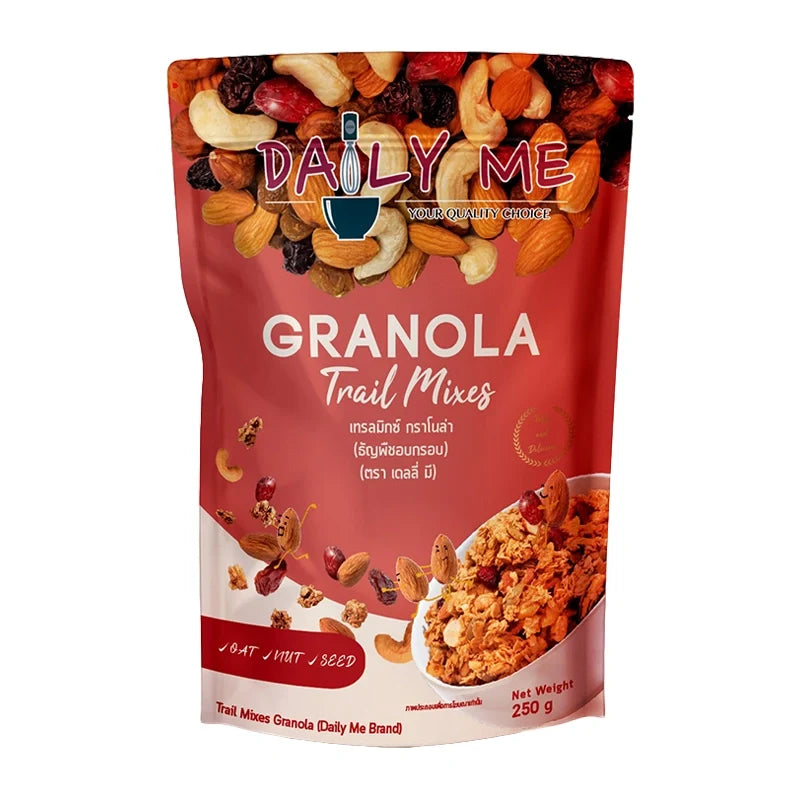 Daily ME Cereal Granola Trail Mix in a 250g package, featuring a mix of dried fruits, nuts, and grains for a healthy snack.