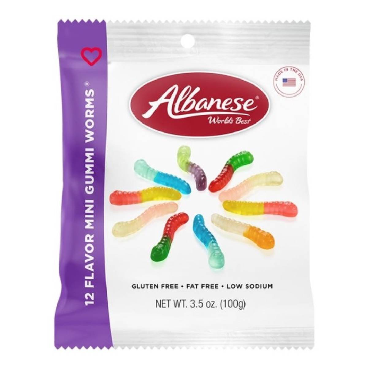 Albanese 12-flavor mini worms gummy candies in colorful assortment, soft confectionery snacks with fruit flavors.