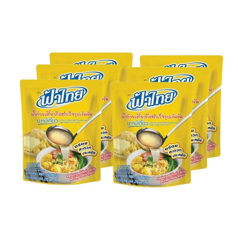 FATHAI Fathai Instant Concentrated Noodle Soup with egg and wonton, 350g, dry grocery product in a pack of six.