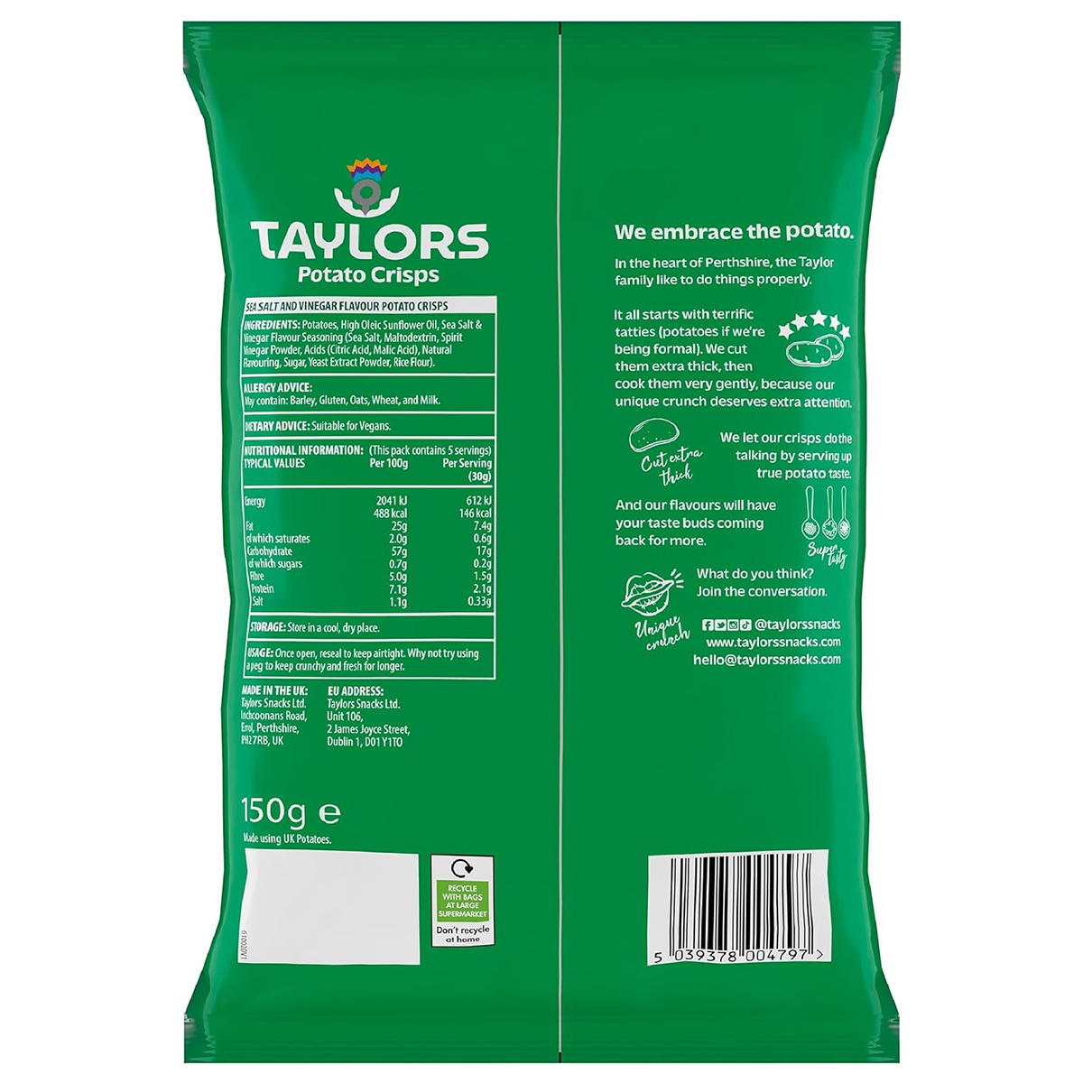 Taylors Sea Salt & Vinegar Flavour Potato Crisps in a clear bag with crispy, seasoned potato chips visible.