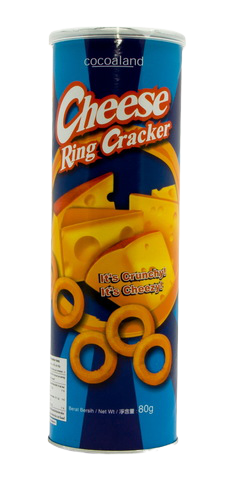 Cocoaland Cheese Ring confectionery snack with crispy cheese-coated rings on a white background.