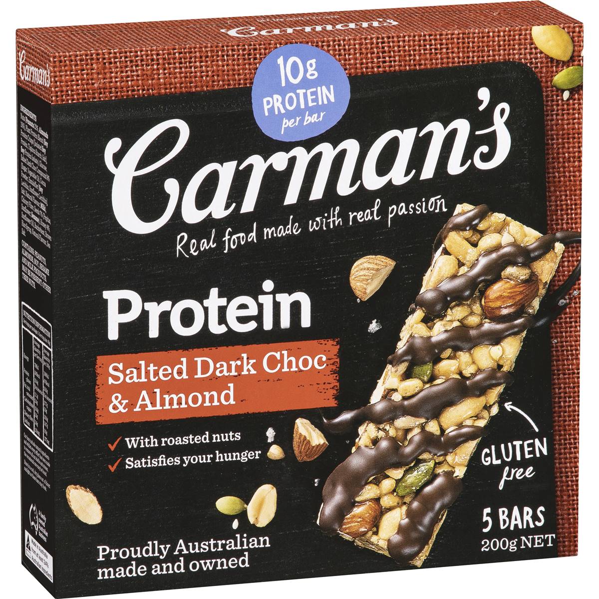 Carman's Salted Dark Chocolate and Almond Protein Bar, packaged as a nutritious grocery snack with chocolate and almond ingredients.
