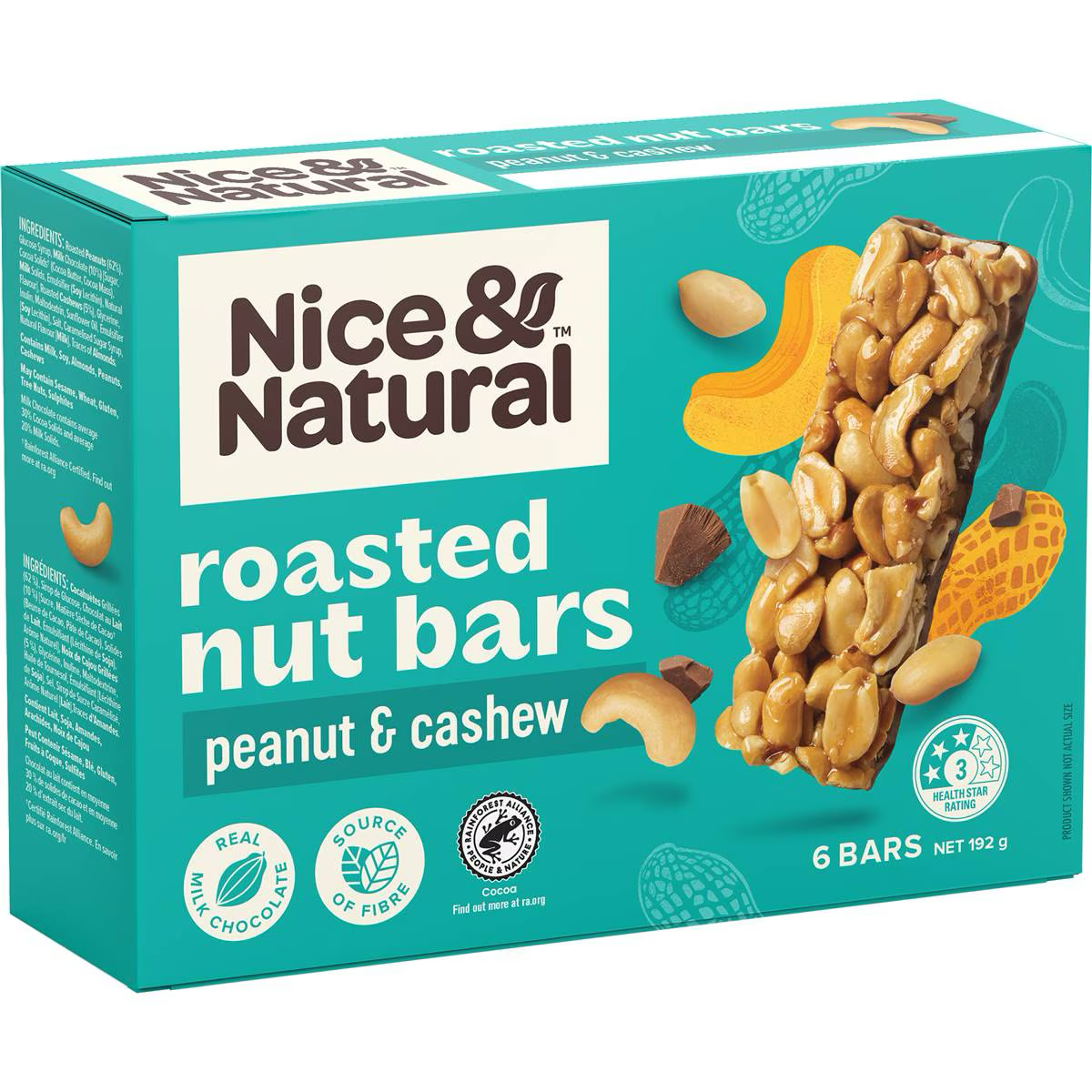 Nice & Natural Roasted Nut Bars with peanuts and cashews, showcasing the crunchy, wholesome snack in a grocery product image.