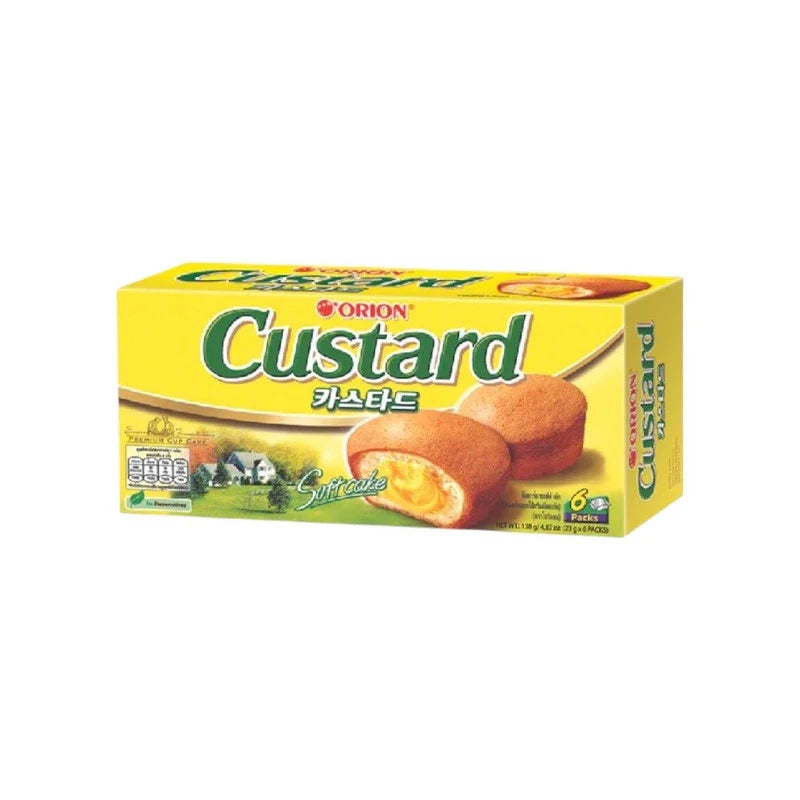 Orion Custard snack in packaging, dry grocery confectionery, sweet treat from Orion brand, ready for snacking.