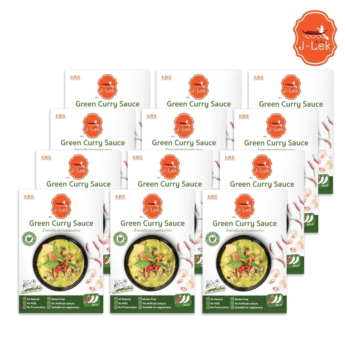 J-LEK Jae Lek Green Curry Paste packets, 250g, dry grocery product with vibrant green curry paste in sealed packaging