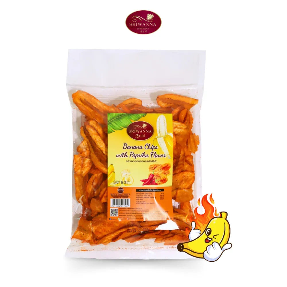 Sriwanna Gold Banana Chips with Paprika flavor in 90g pack, crispy dry grocery snack from Sriwanna brand.