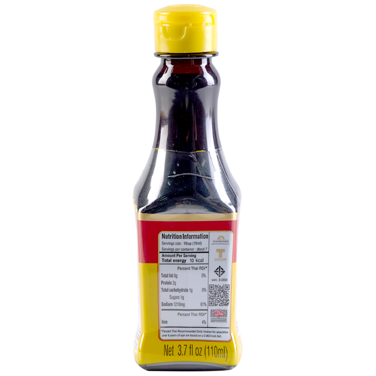 Golden Mountain Sauce yellow cap bottle, grocery product from Golden Mountain, with clear label and bright yellow cap visible.