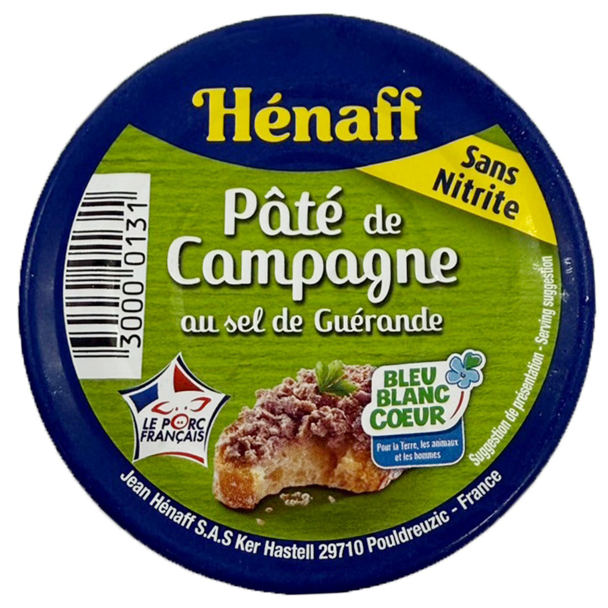 Henaff Pate de Campagne in a jar, showcasing a rustic French pork liver spread with herbs and spices.