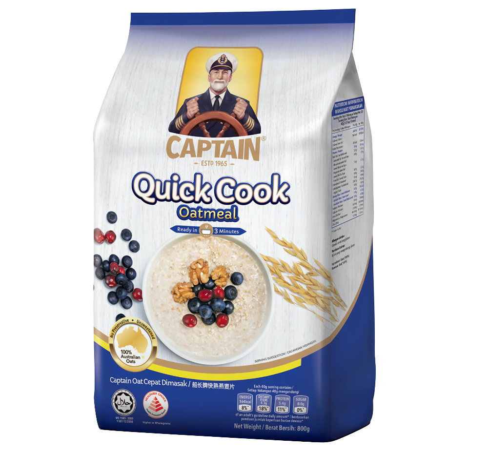 Captain Quick Cooking Oatmeal in a bowl, ready to serve, with a spoon and a cozy breakfast setting.