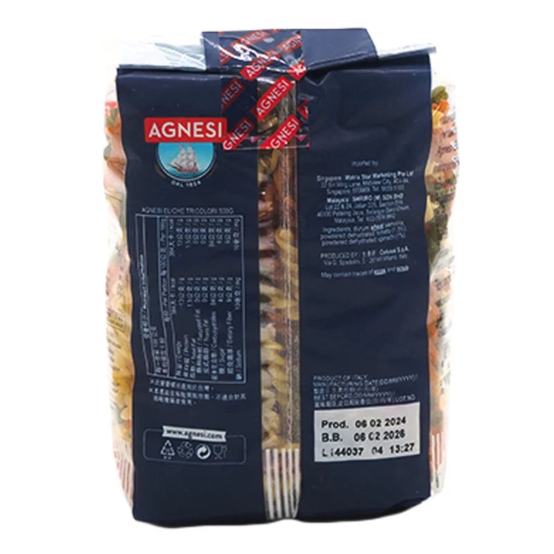Agnesi Eliche Tricolor pasta in 500g package, dry grocery product with colorful spiral-shaped noodles from AGNESI.