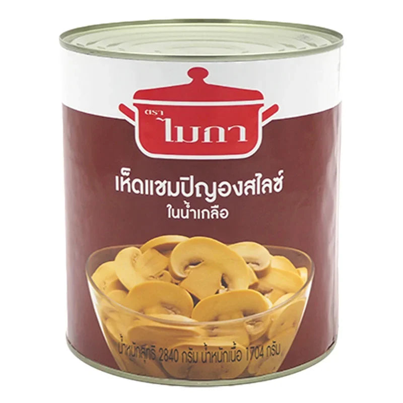 Sliced champignon mushrooms in brine from MICA, 2.84kg jar, ready for culinary use in dry grocery collection