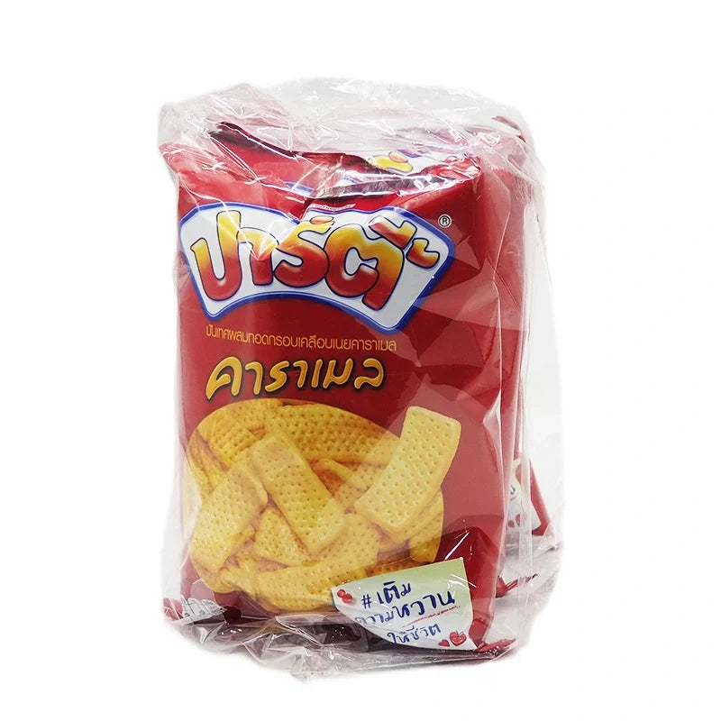 Party brand sweet potato chips coated with butter caramel, 48g pack, shown in a three-pack dry grocery snack image.