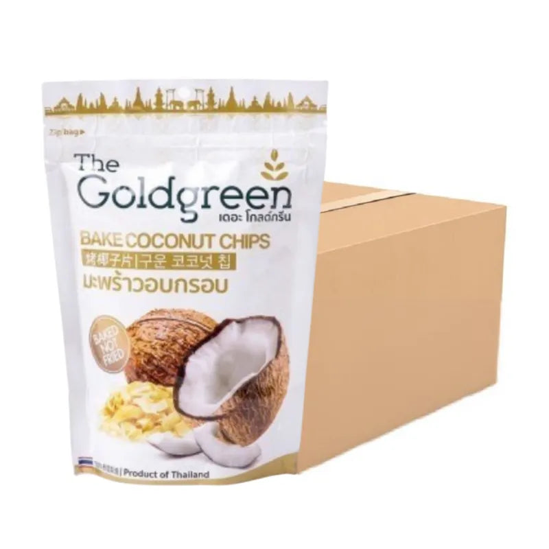 Golden coconut chips from THE GOLDGREEN in a 50g package, crispy and dried for snack or baking use.