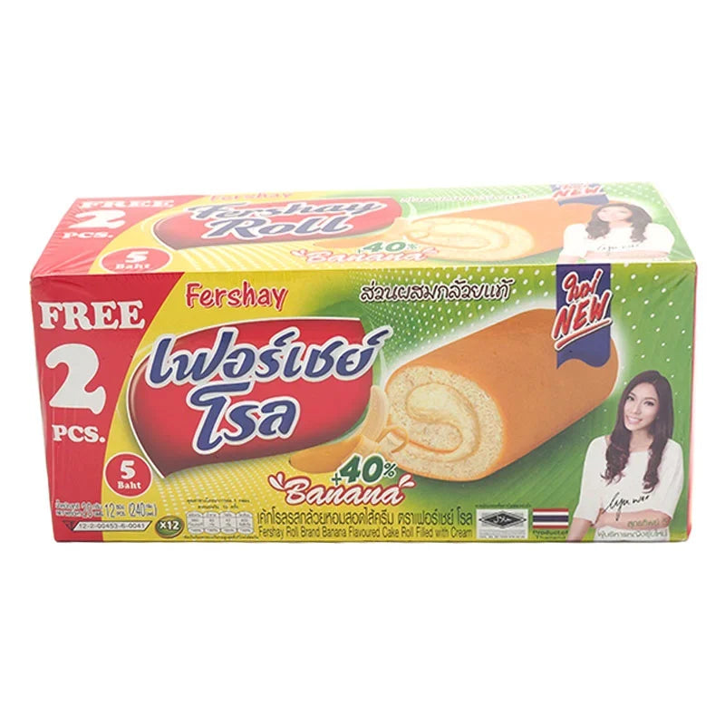 Fershay Banana Cake Roll 20g, a dry snack with banana flavor, in a clear wrapper, ideal for confectionery and snack lovers.