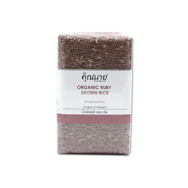 Organic red grain Khunnai Rice from KHUNNAI RICE, displayed as dry, uncooked rice in a 1kg package.