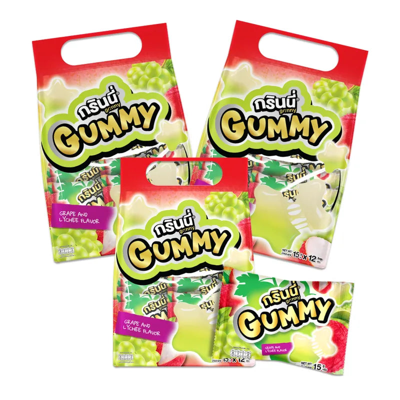 Grinny Pectin Gummy Star snacks in grape and lychee flavors, 15g x3, colorful star-shaped chewy candies in a clear package.