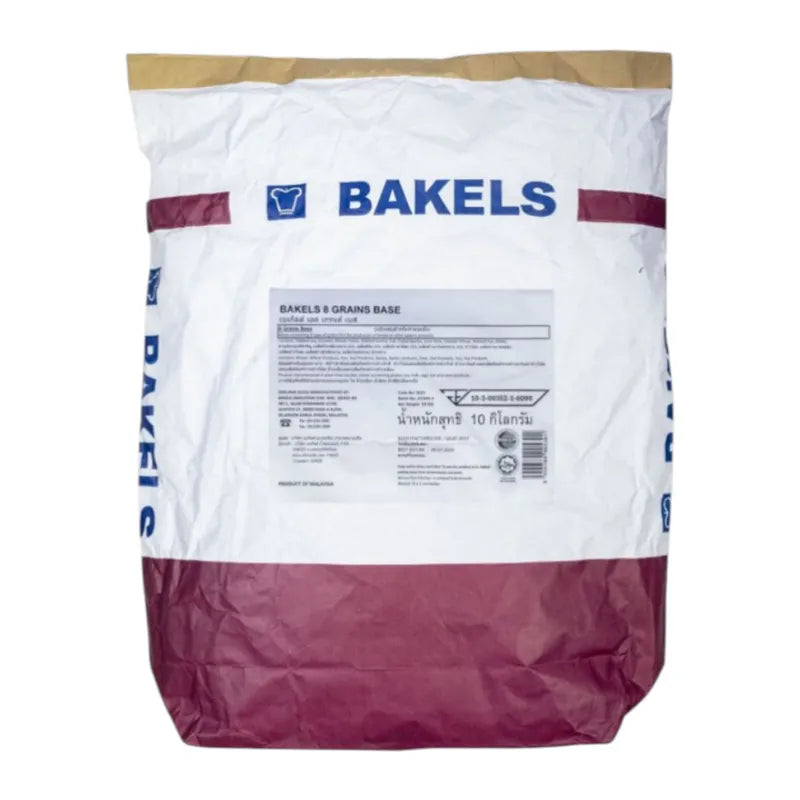 Bakels 8 Grains Base 10kg, dry grocery product, showing a large bag of multigrain bread base with branding and packaging details.