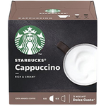 A Starbucks Cappuccino in a clear plastic cup with whipped foam on top, showcasing the coffee's rich, creamy texture.