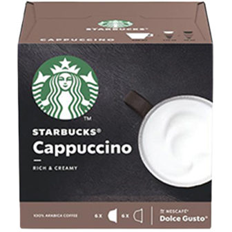 A Starbucks Cappuccino in a clear plastic cup with whipped foam on top, showcasing the coffee's rich, creamy texture.