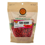 Dried organic goji berries by Baboo, healthy confectionery snack in a clear resealable bag.