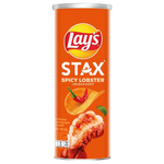 Lay's Stax Spicy Lobster snack container with colorful packaging, showcasing the spicy lobster flavor of the confectionery chips.
